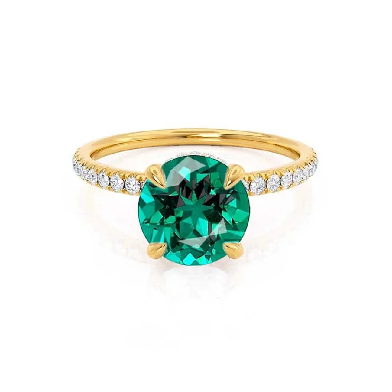 LIVELY - Chatham® Round Emerald 18k Yellow Gold Petite Hidden Halo Pavé Shoulder Set Ring