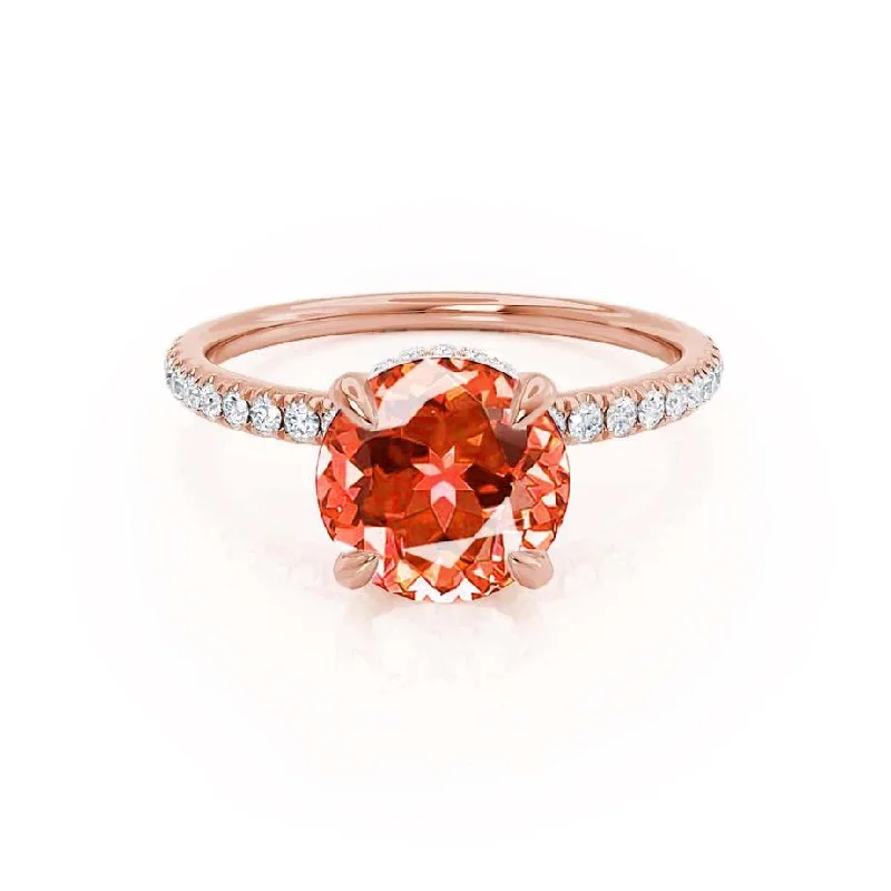 LIVELY - Chatham® Round Padparadscha 18k Rose Gold Petite Hidden Halo Pavé Shoulder Set Ring