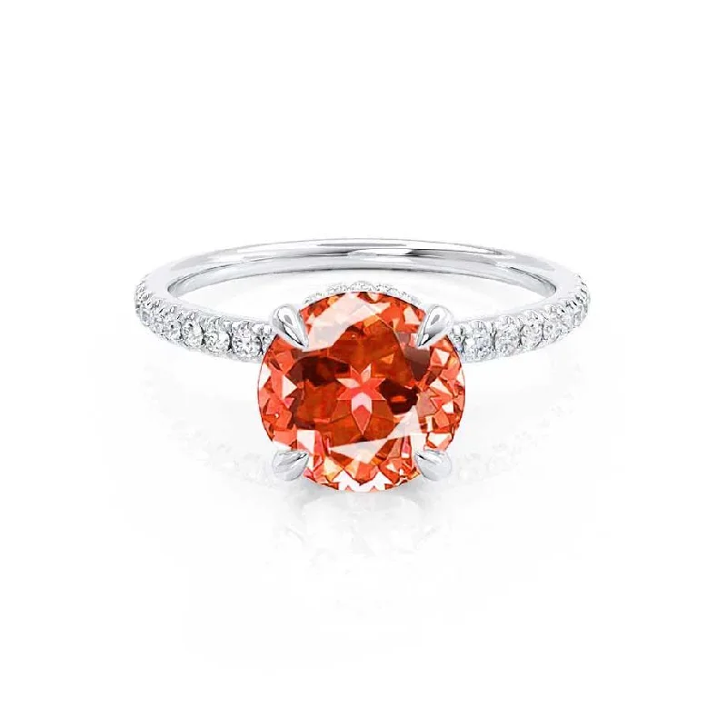 LIVELY - Chatham® Round Padparadscha 18k White Gold Petite Hidden Halo Pavé Shoulder Set Ring