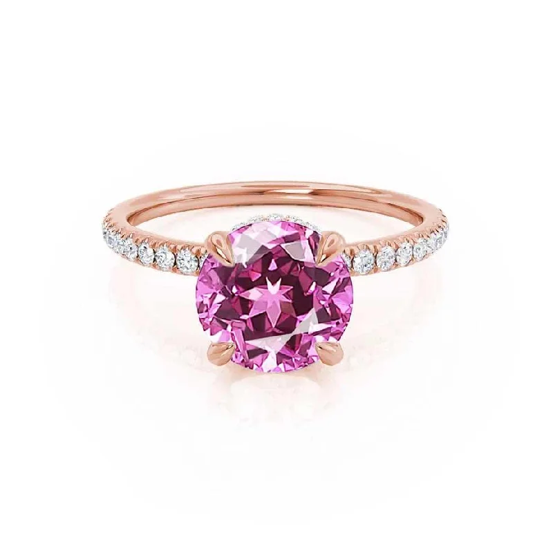 LIVELY - Chatham® Round Pink Sapphire 18k Rose Gold Petite Hidden Halo Pavé Shoulder Set Ring