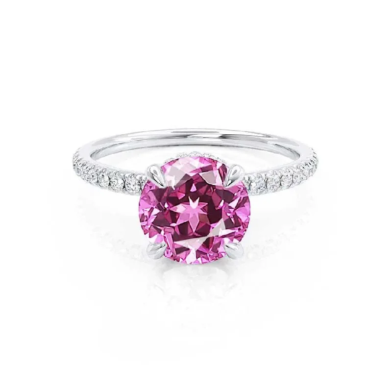 LIVELY - Chatham® Round Pink Sapphire 18k White Gold Petite Hidden Halo Pavé Shoulder Set Ring