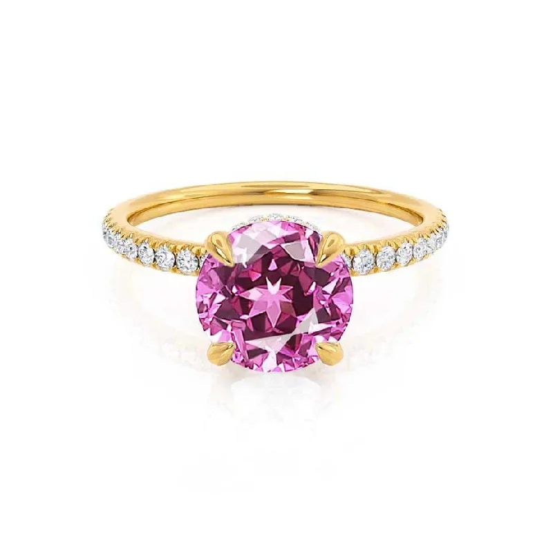 LIVELY - Chatham® Round Pink Sapphire 18k Yellow Gold Petite Hidden Halo Pavé Shoulder Set Ring