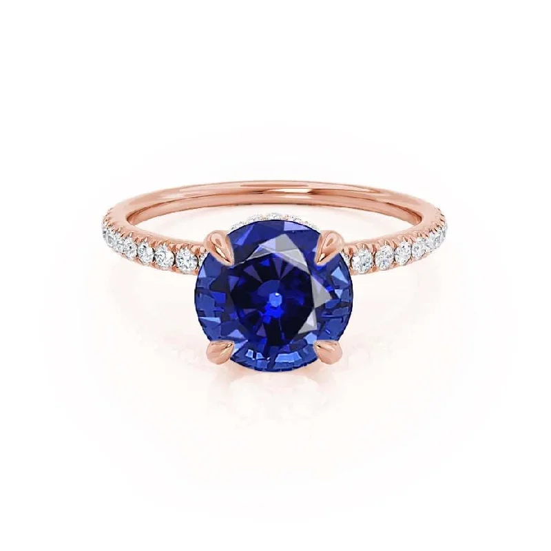 LIVELY - Chatham® Round Blue Sapphire 18k Rose Gold Petite Hidden Halo Pavé Shoulder Set Ring