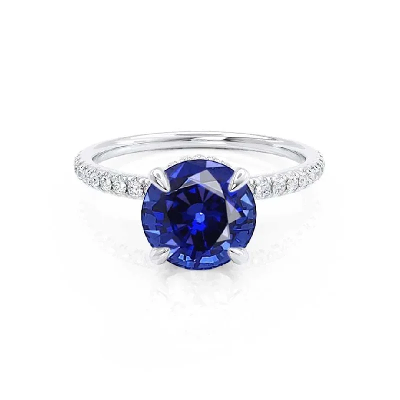 LIVELY - Chatham® Round Blue Sapphire 18k White Gold Petite Hidden Halo Pavé Shoulder Set Ring