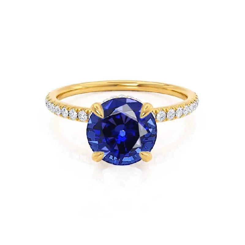 LIVELY - Chatham® Round Blue Sapphire 18k Yellow Gold Petite Hidden Halo Pavé Shoulder Set Ring